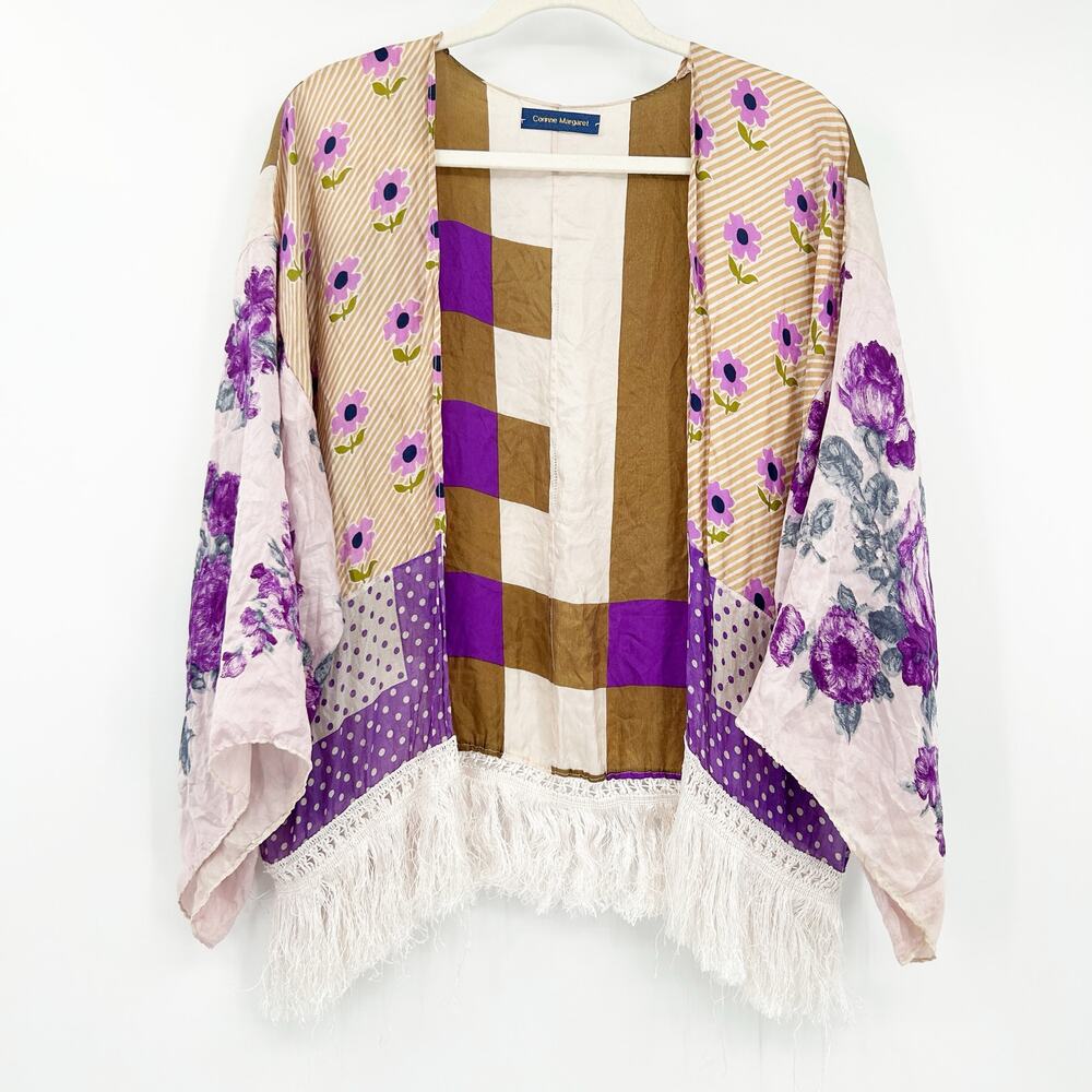Corinne Margaret Womens Beach Resortwear Fringe Floral Patchwork Silk Kimono‎ OS